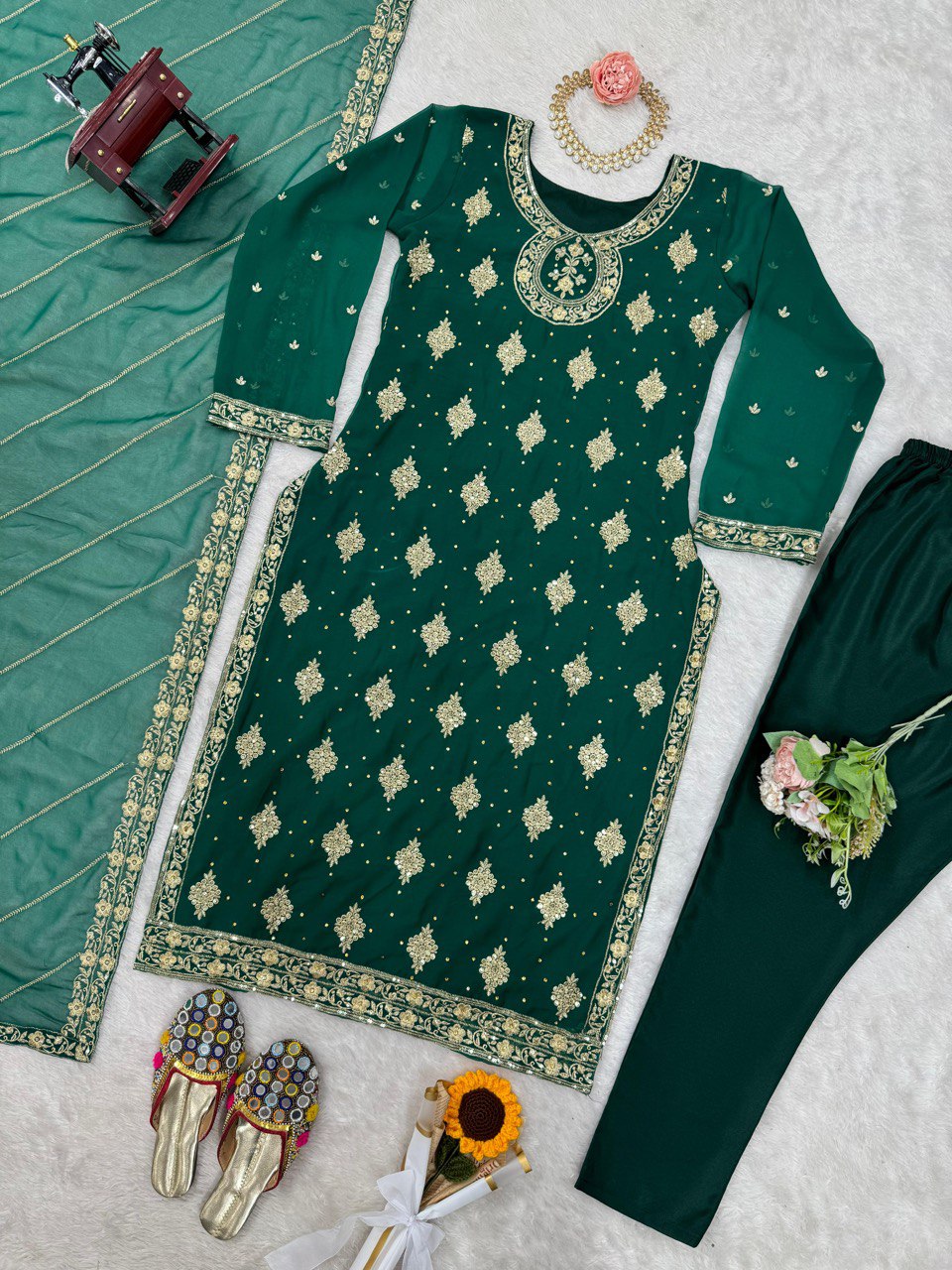Bottle Green Elegant Threadwork Georgette Ensemble