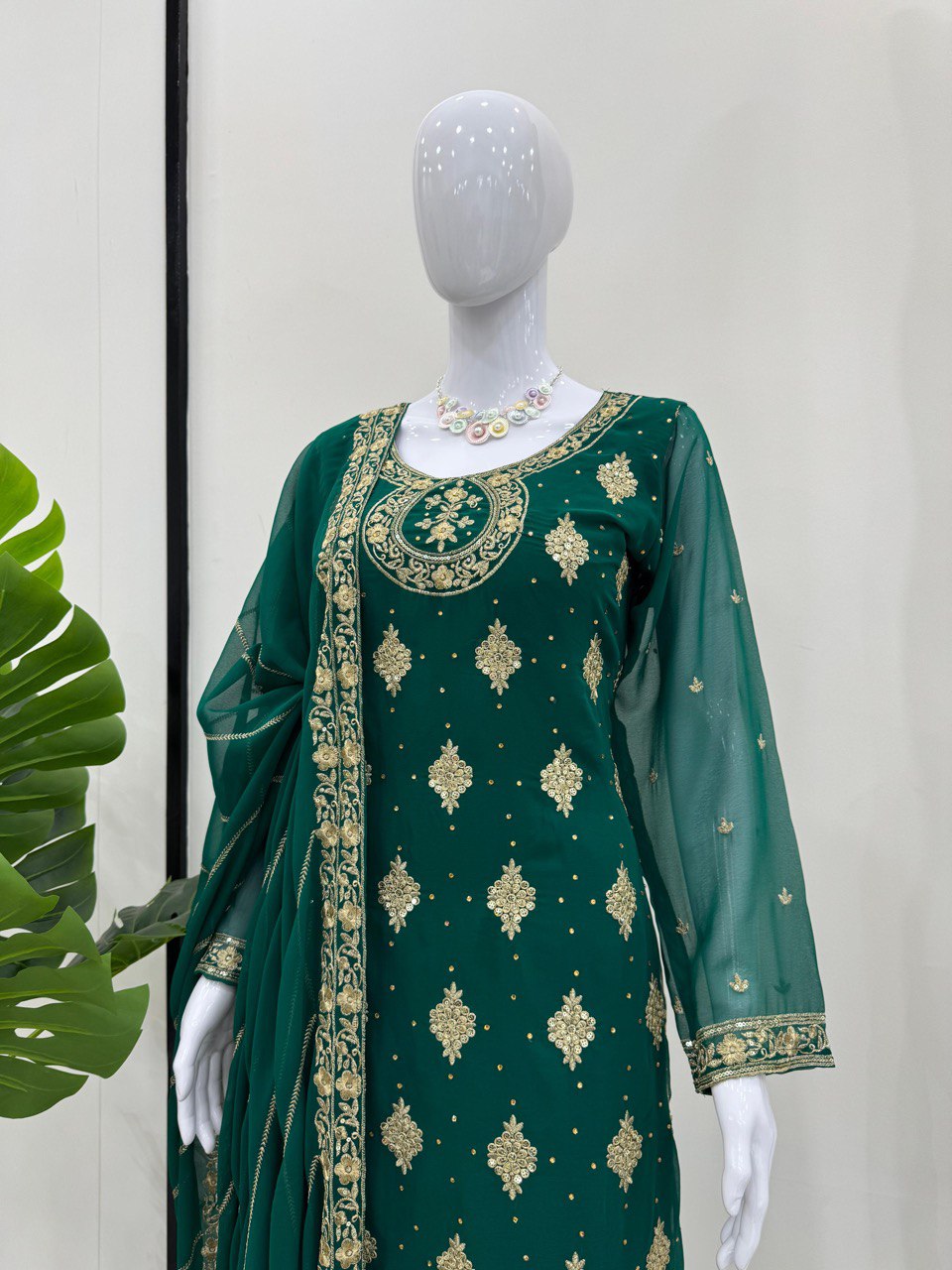 Bottle Green Elegant Threadwork Georgette Ensemble
