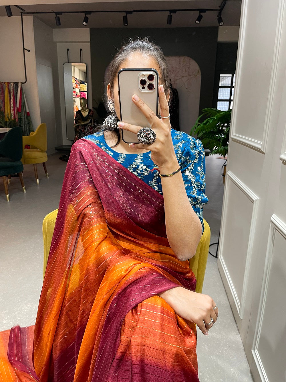 Orange Color Zari Lining Work Rangoli Padding Saree