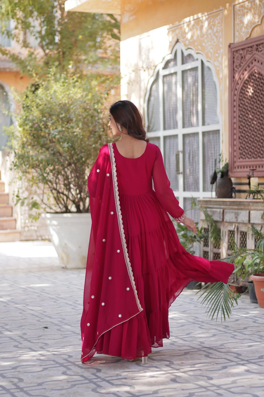 Rani Pink Premium Designer Readymade Gown with Dupatta – Elegant Embroidered Pearl Work