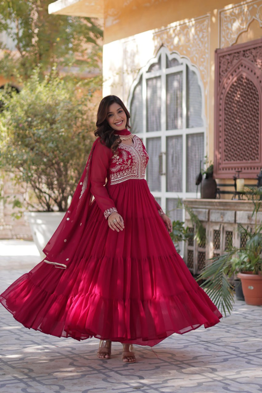 Rani Pink Premium Designer Readymade Gown with Dupatta – Elegant Embroidered Pearl Work