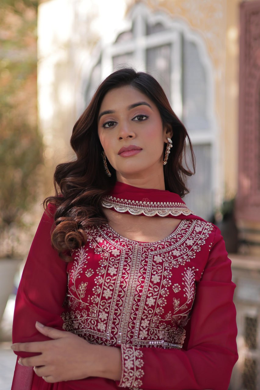 Rani Pink Premium Designer Readymade Gown with Dupatta – Elegant Embroidered Pearl Work