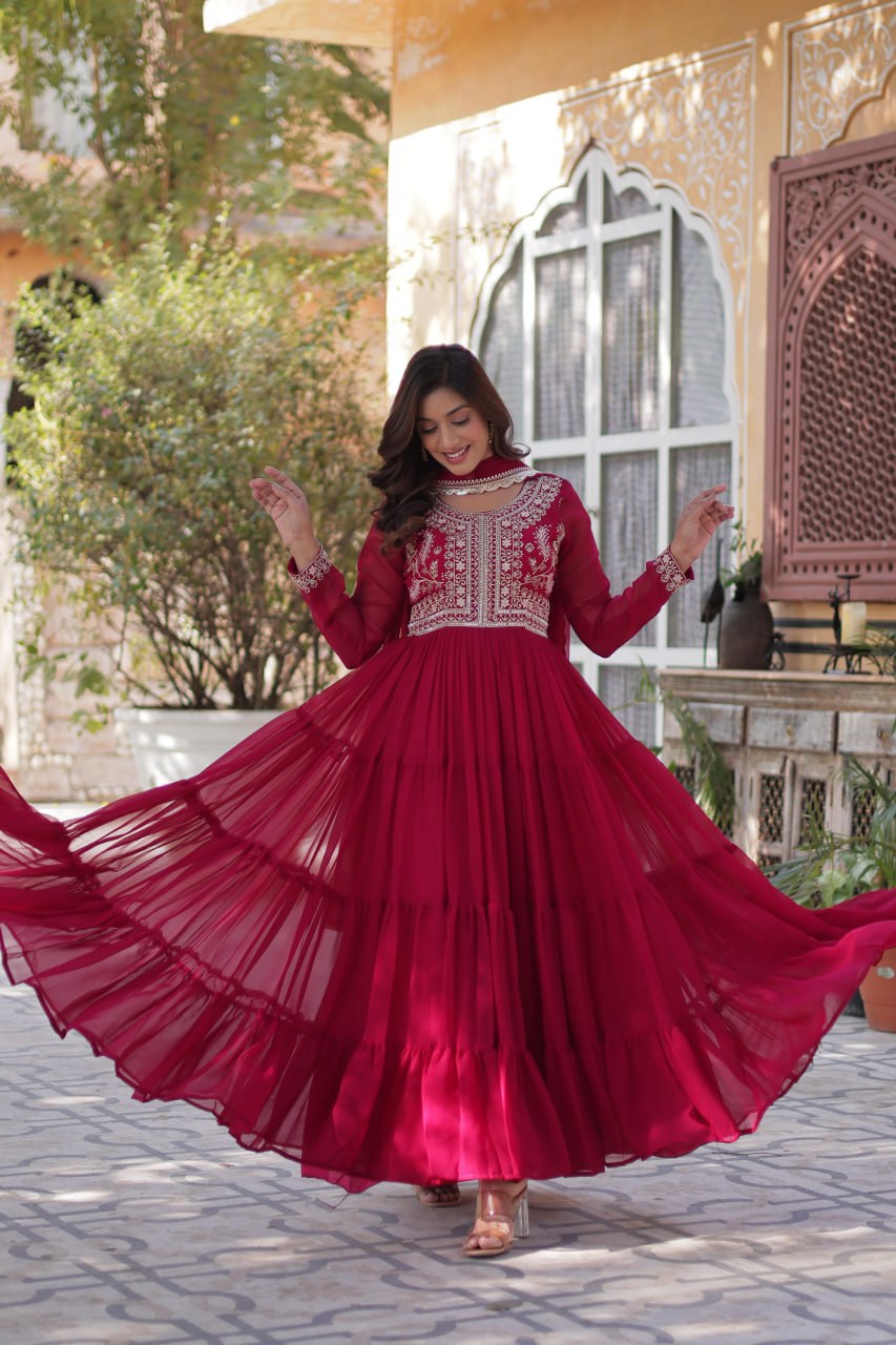 Rani Pink Premium Designer Readymade Gown with Dupatta – Elegant Embroidered Pearl Work