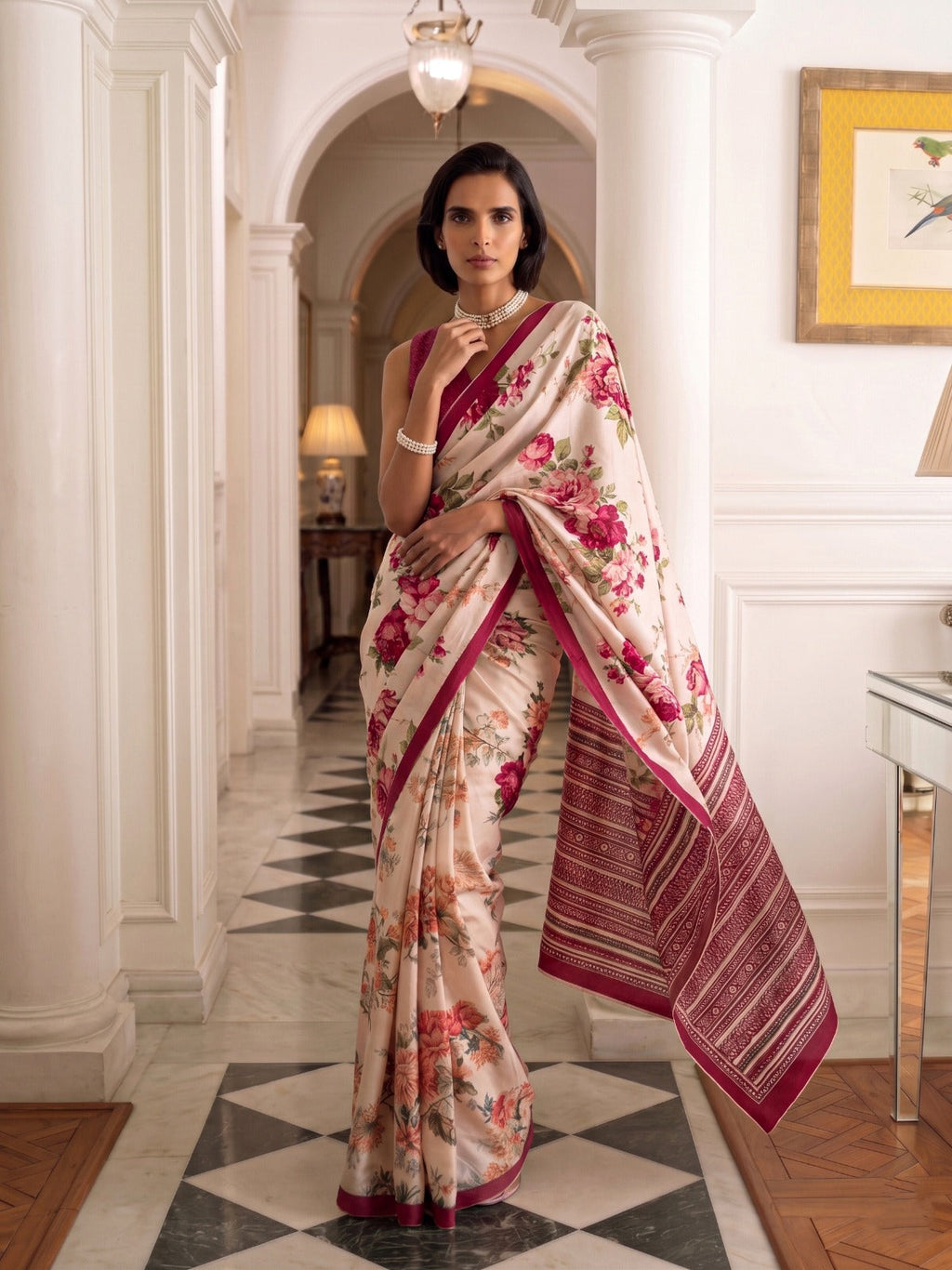 Rani Pink Tasar Silk Floral Print Saree