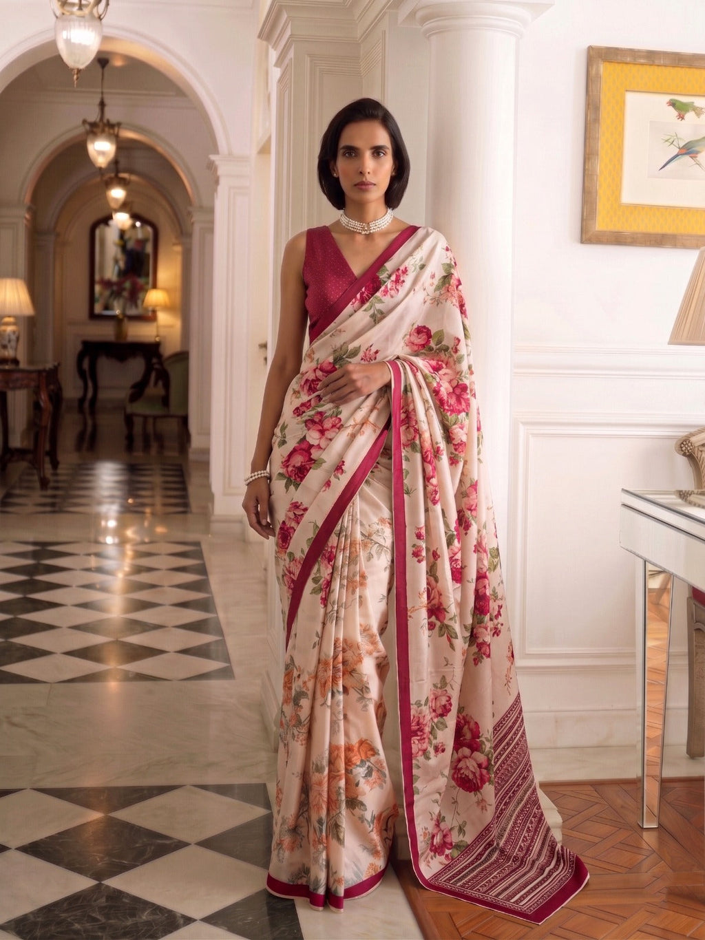 Rani Pink Tasar Silk Floral Print Saree