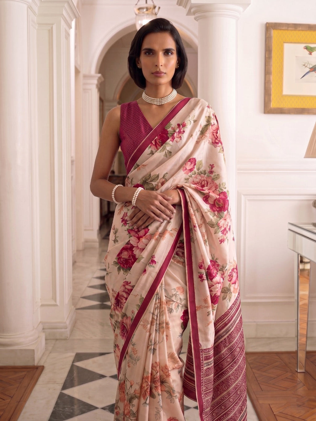 Rani Pink Tasar Silk Floral Print Saree