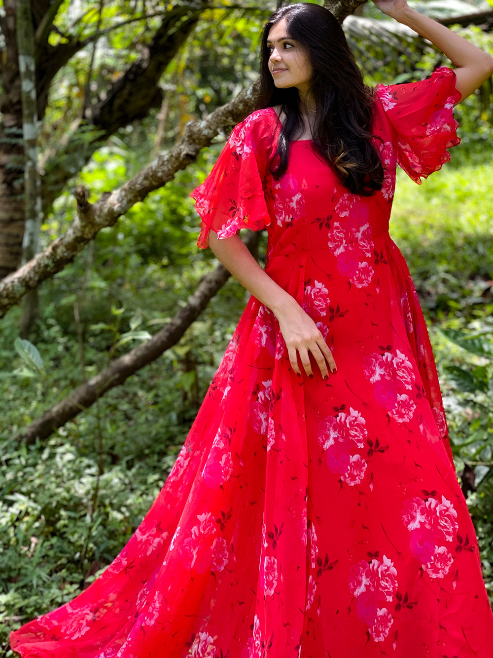Red Color Digital Printed Georgette Gown