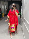 Red Color Weaving Zari Work Jacquard Paithani Kaftan Dress