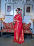 Red Elegant Printed Chanderi Silk Blend Saree with Tassel Detailing