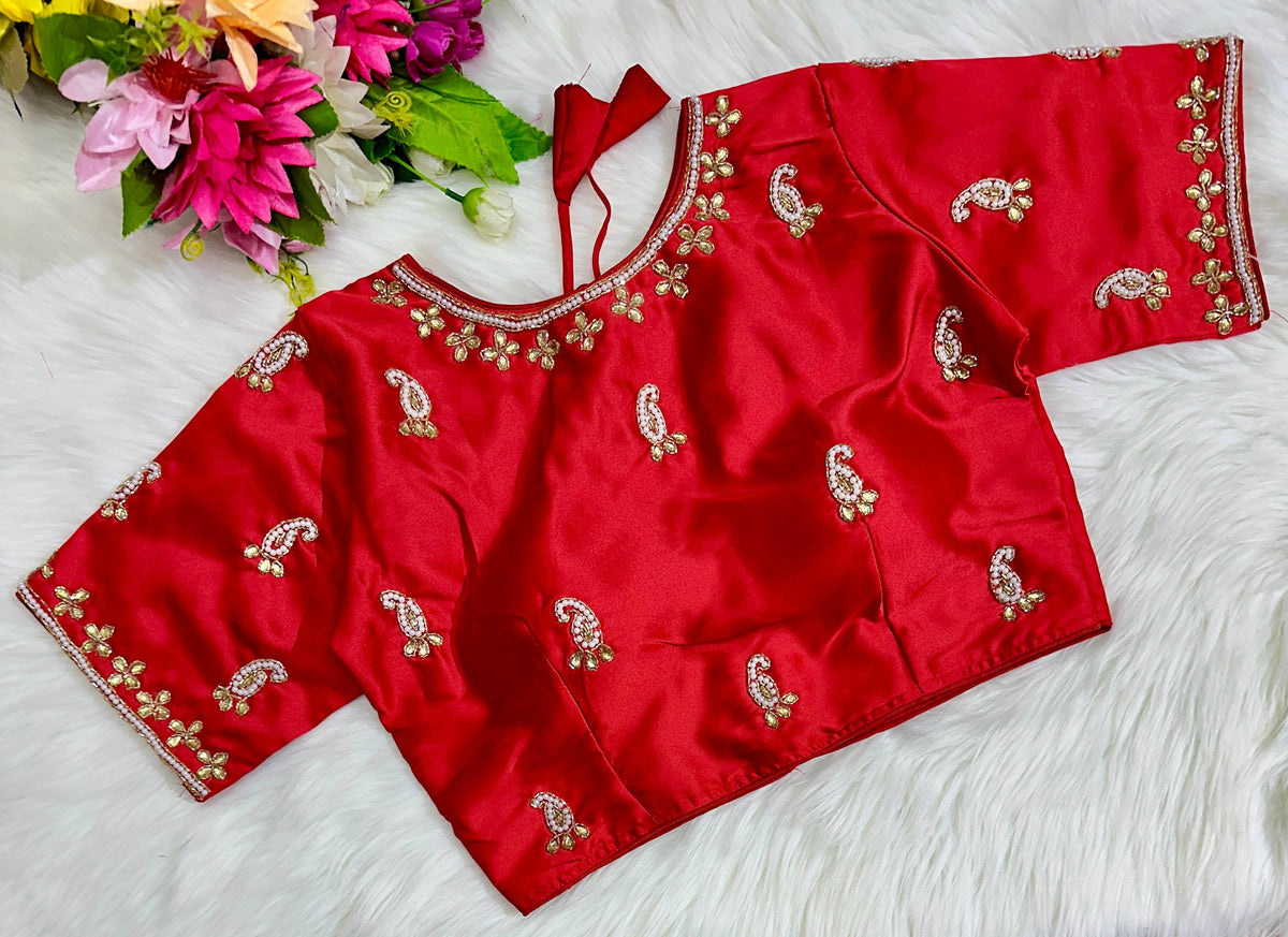 Red Exquisite Hand-Embroidered Methu Silk Blouse