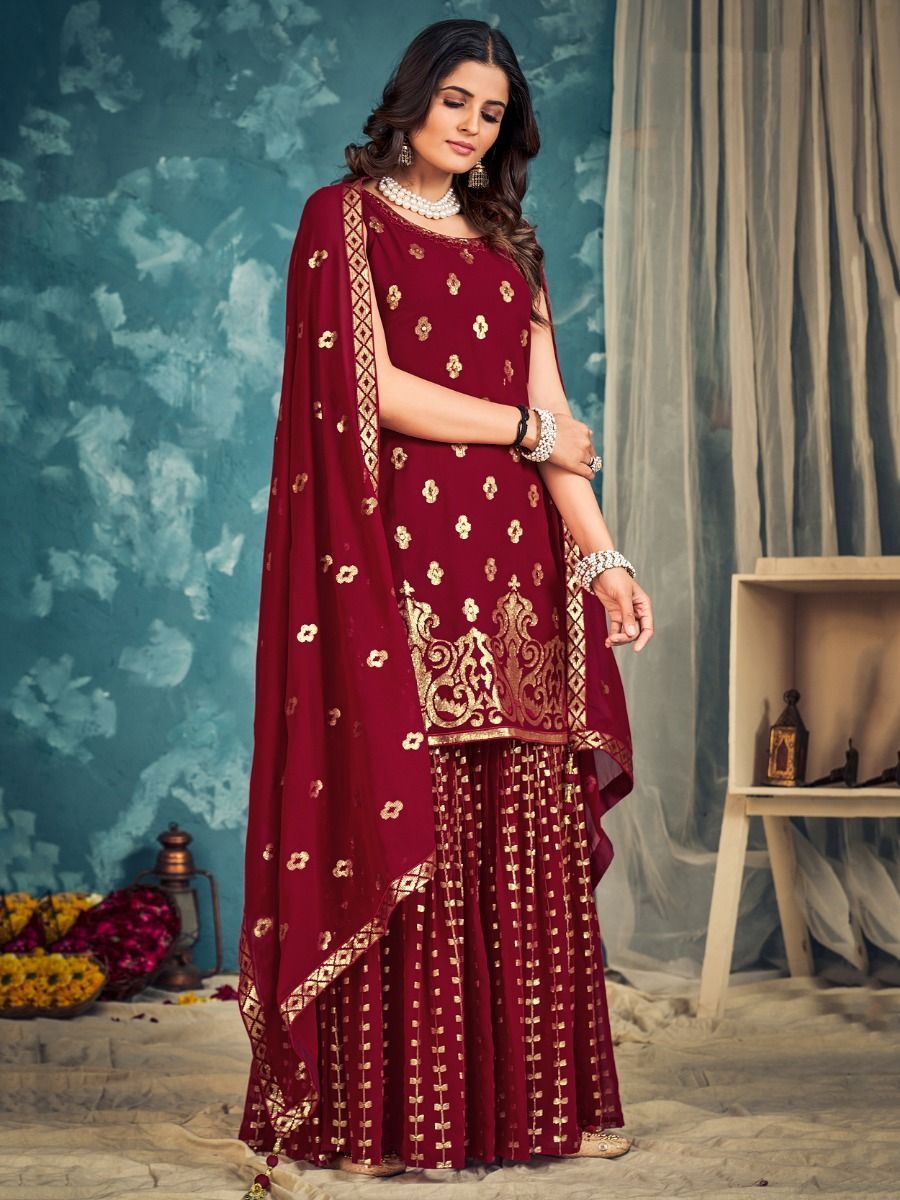 Red Pakistani Georgette Sharara For Indian Festivals & Weddings - Sequence Embroidery Work, Zari Work