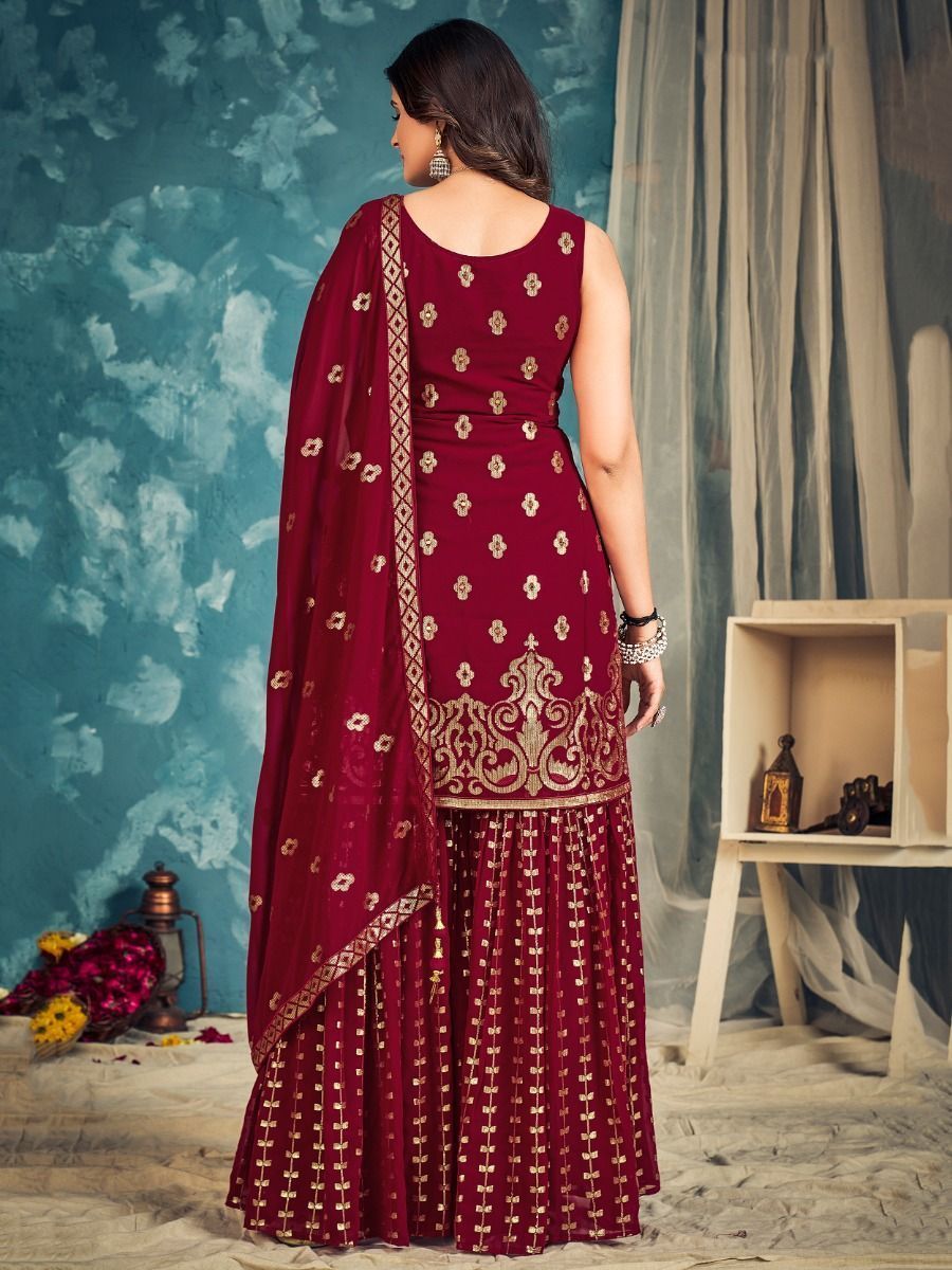 Red Pakistani Georgette Sharara For Indian Festivals & Weddings - Sequence Embroidery Work, Zari Work
