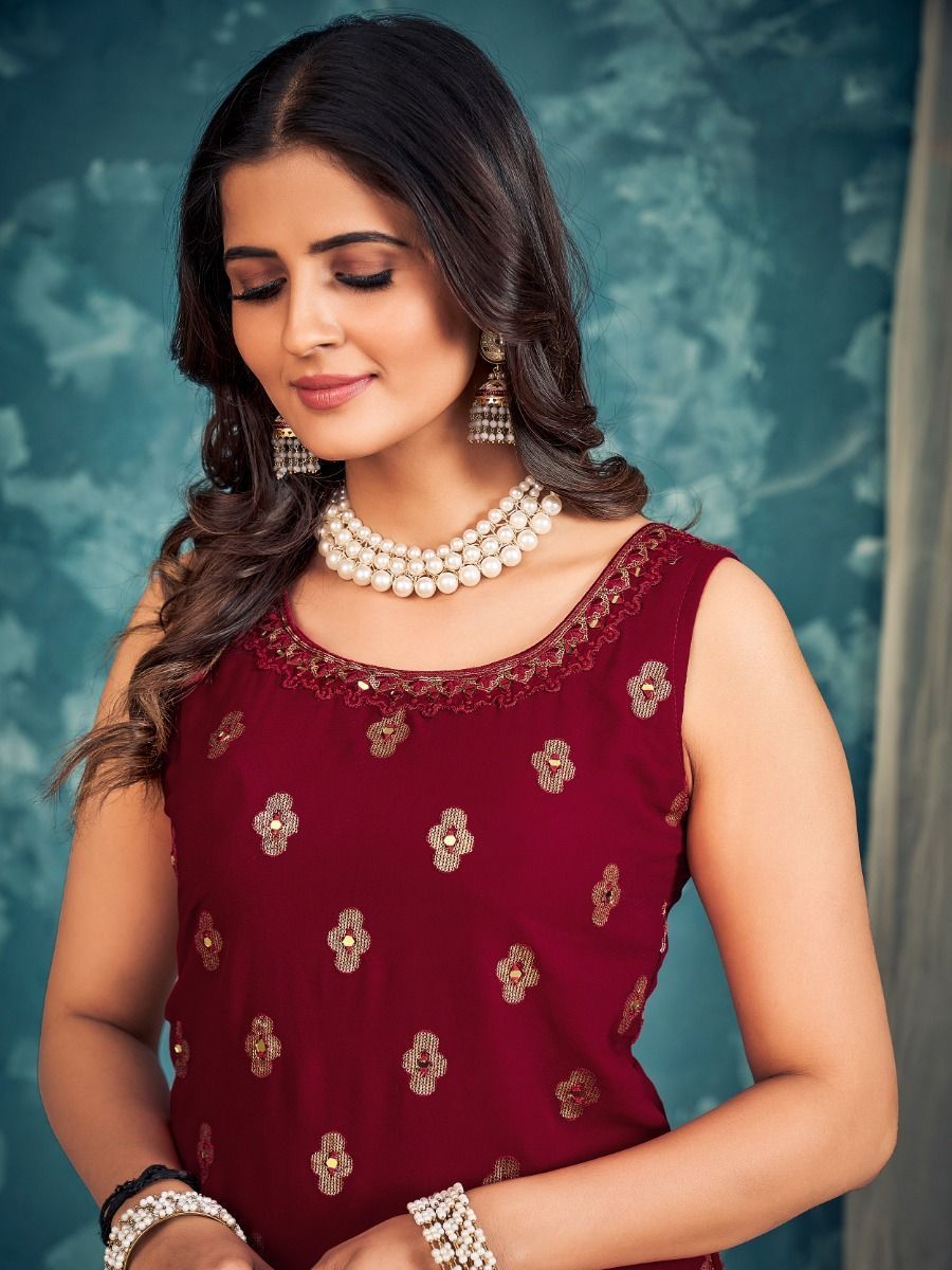 Red Pakistani Georgette Sharara For Indian Festivals & Weddings - Sequence Embroidery Work, Zari Work