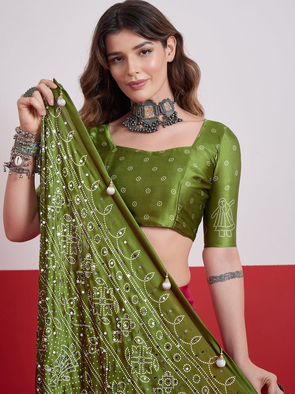 Ruhika Mirror Work Semi Modal Saree for Wedding & Party Wear
