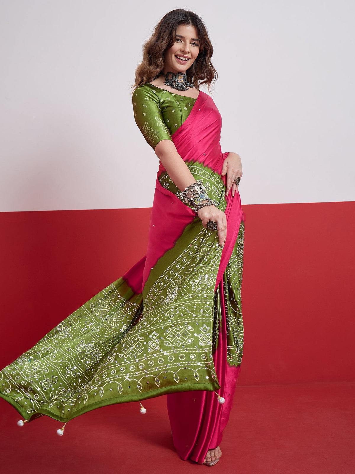 Ruhika Mirror Work Semi Modal Saree for Wedding & Party Wear