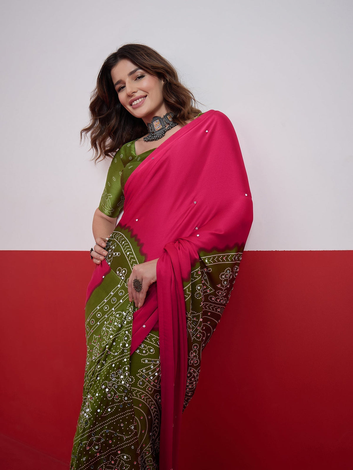Ruhika Mirror Work Semi Modal Saree for Wedding & Party Wear
