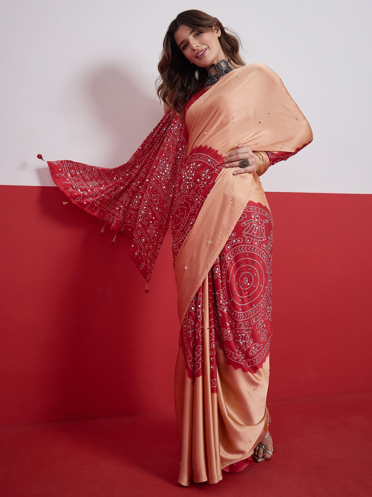 Ruhika Mirror Work Semi Modal Saree for Wedding & Party Wear