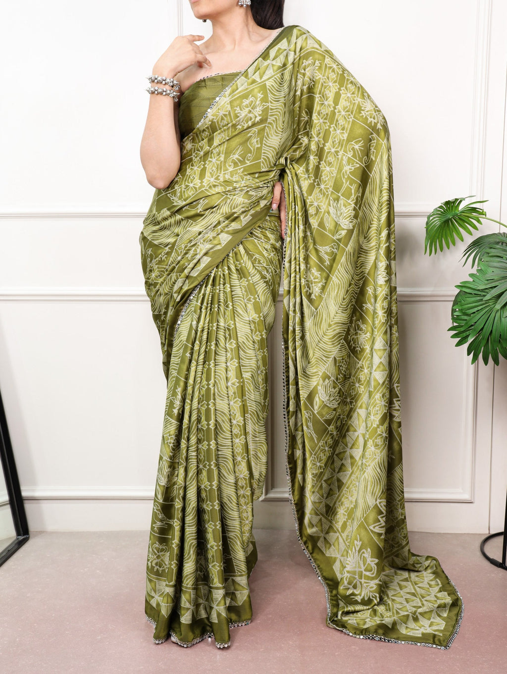 Satin Silk Saree with Mirror Lace Border