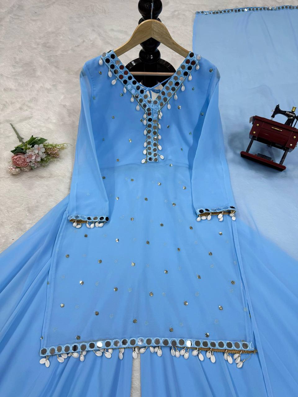 Sky Blue Elegant Mirror Work Georgette Suit Set