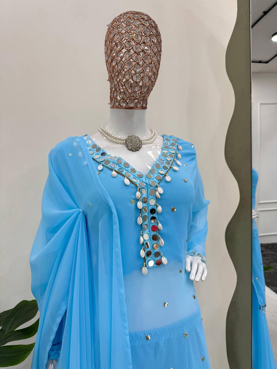 Sky Blue Elegant Mirror Work Georgette Suit Set