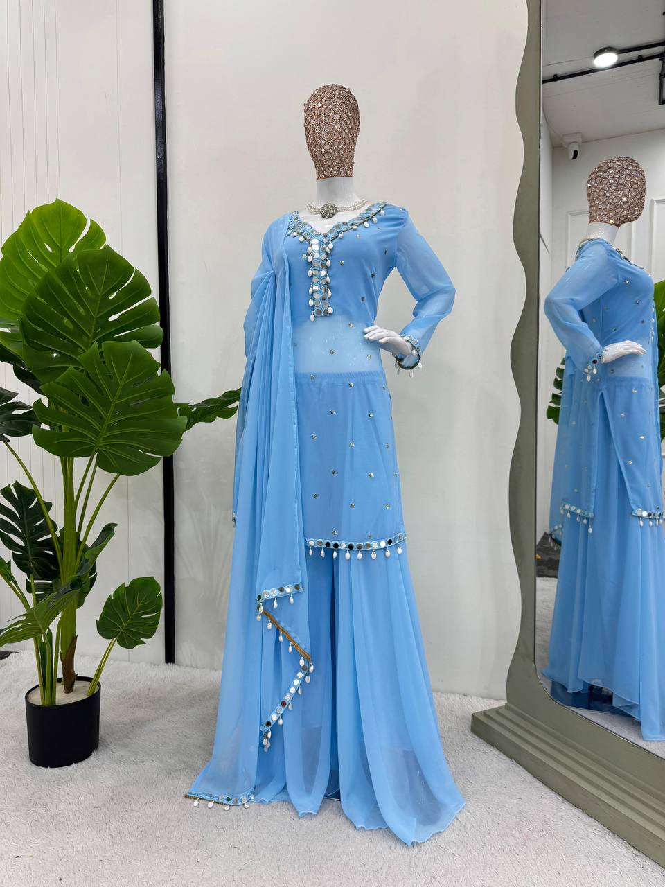 Sky Blue Elegant Mirror Work Georgette Suit Set