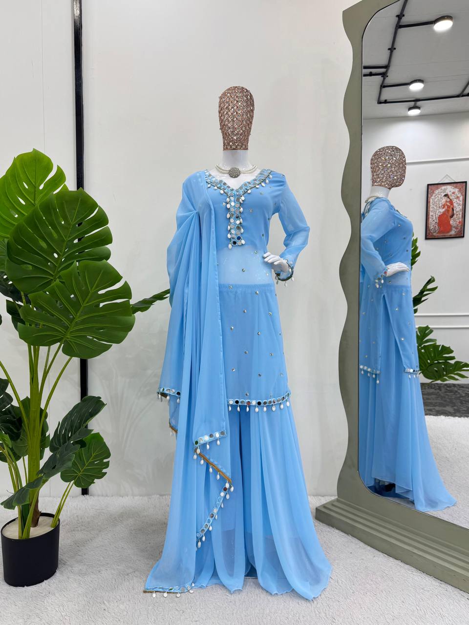 Sky Blue Elegant Mirror Work Georgette Suit Set