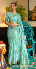 Sky Blue Traditional Baluchari Silk Blend Saree with Unstitched Blouse Piece