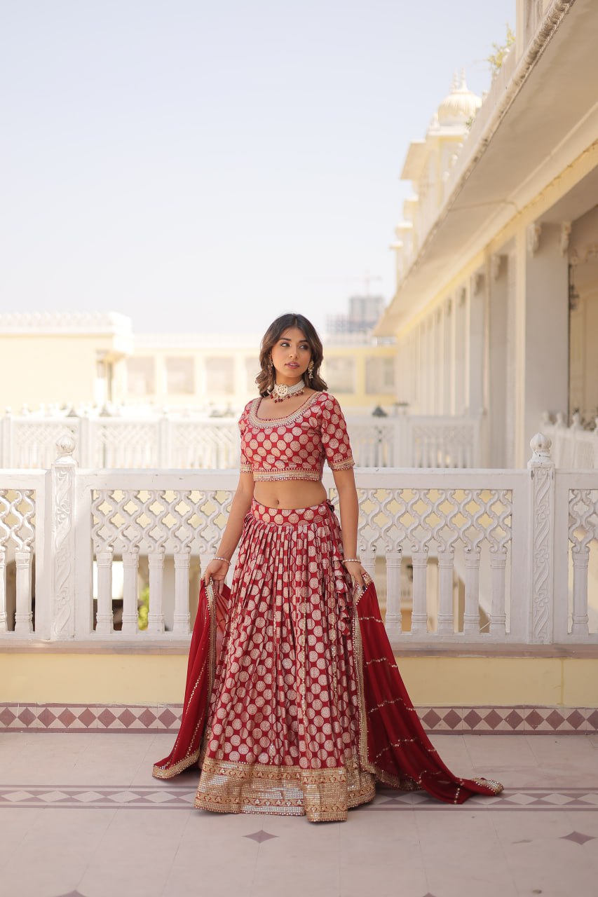 Stunning Dyeable Viscose Jacquard Red Lehenga Set with Embroidered Sequins