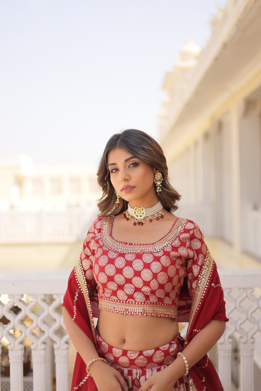 Stunning Dyeable Viscose Jacquard Red Lehenga Set with Embroidered Sequins
