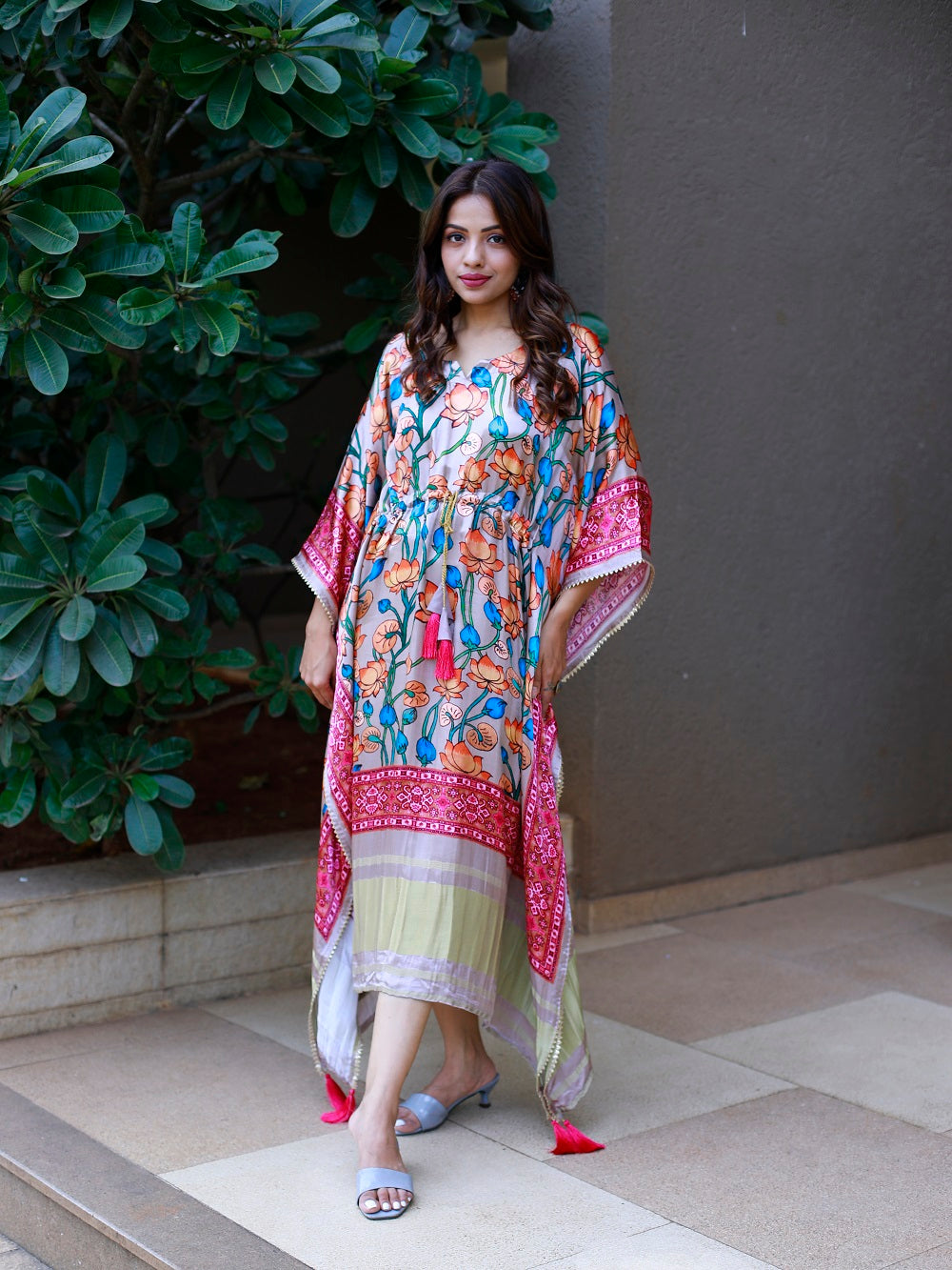 Pink Color Digital Printed Pure Gaji Silk Kaftan