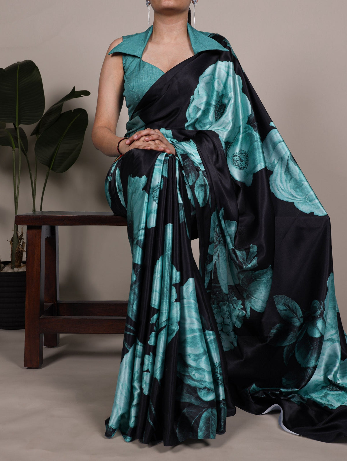 Teal Elegant Floral Print Satin Silk Saree with Plain Banglory Blouse Piece