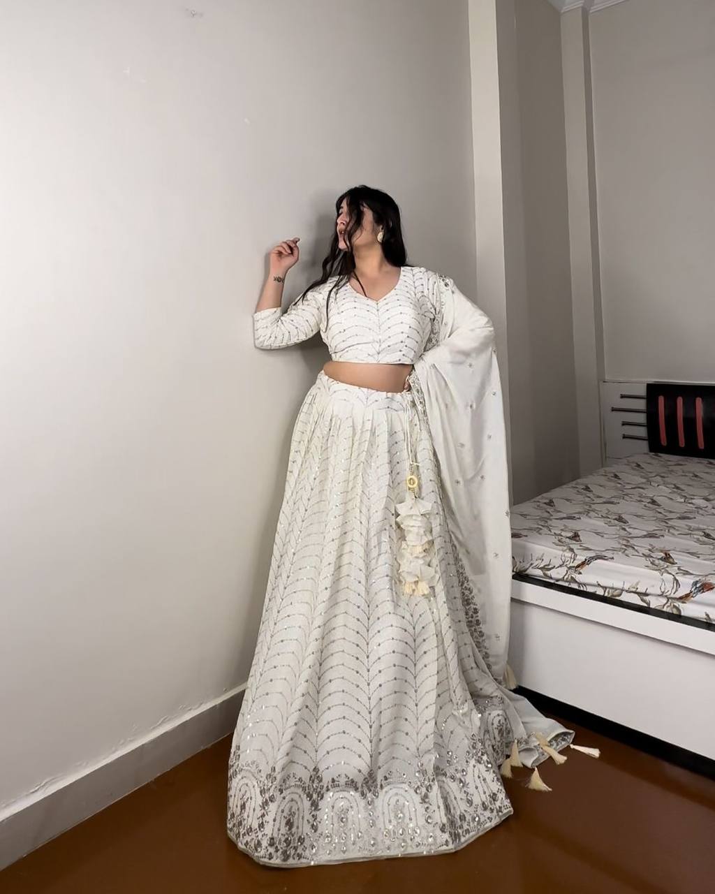 White Elegant Designer Lehenga-Choli Set with Embroidery & Sequence Work