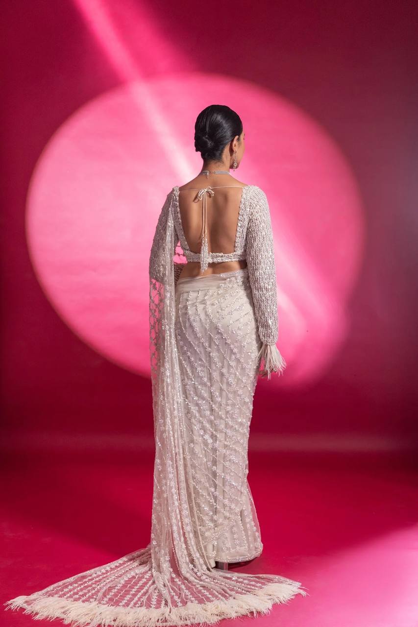 White Eternal Elegance Sparkling Net Saree with Rainbow Sequins