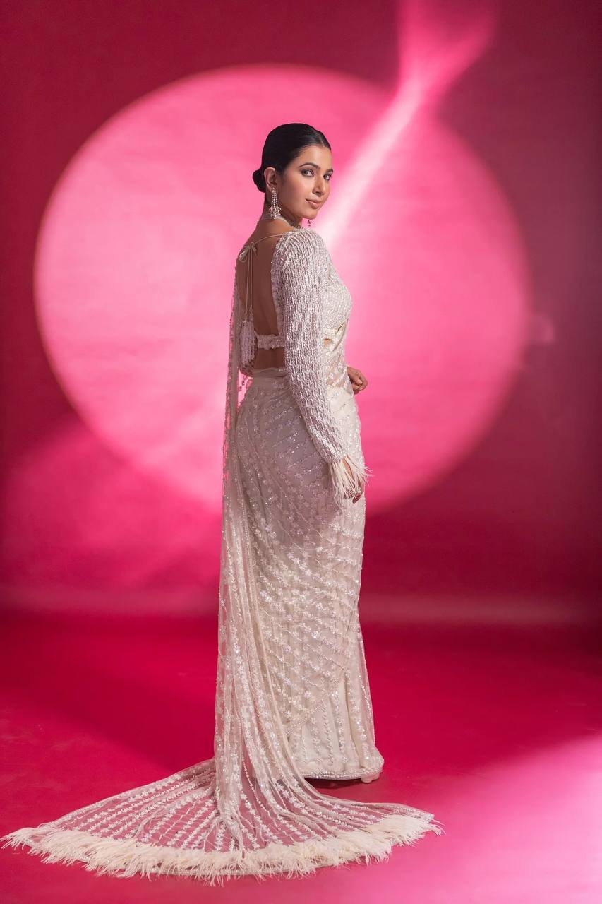 White Eternal Elegance Sparkling Net Saree with Rainbow Sequins