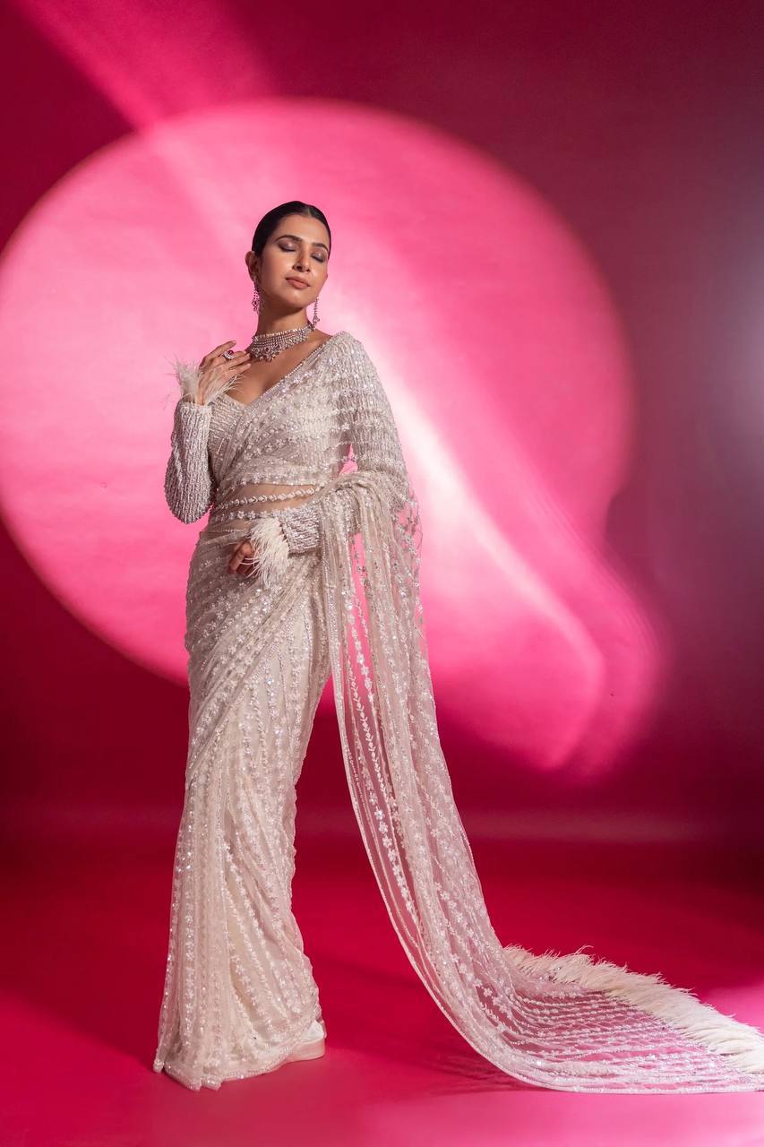 White Eternal Elegance Sparkling Net Saree with Rainbow Sequins