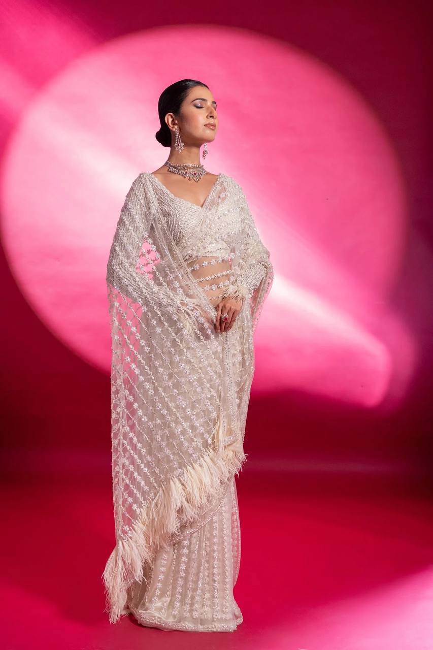 White Eternal Elegance Sparkling Net Saree with Rainbow Sequins