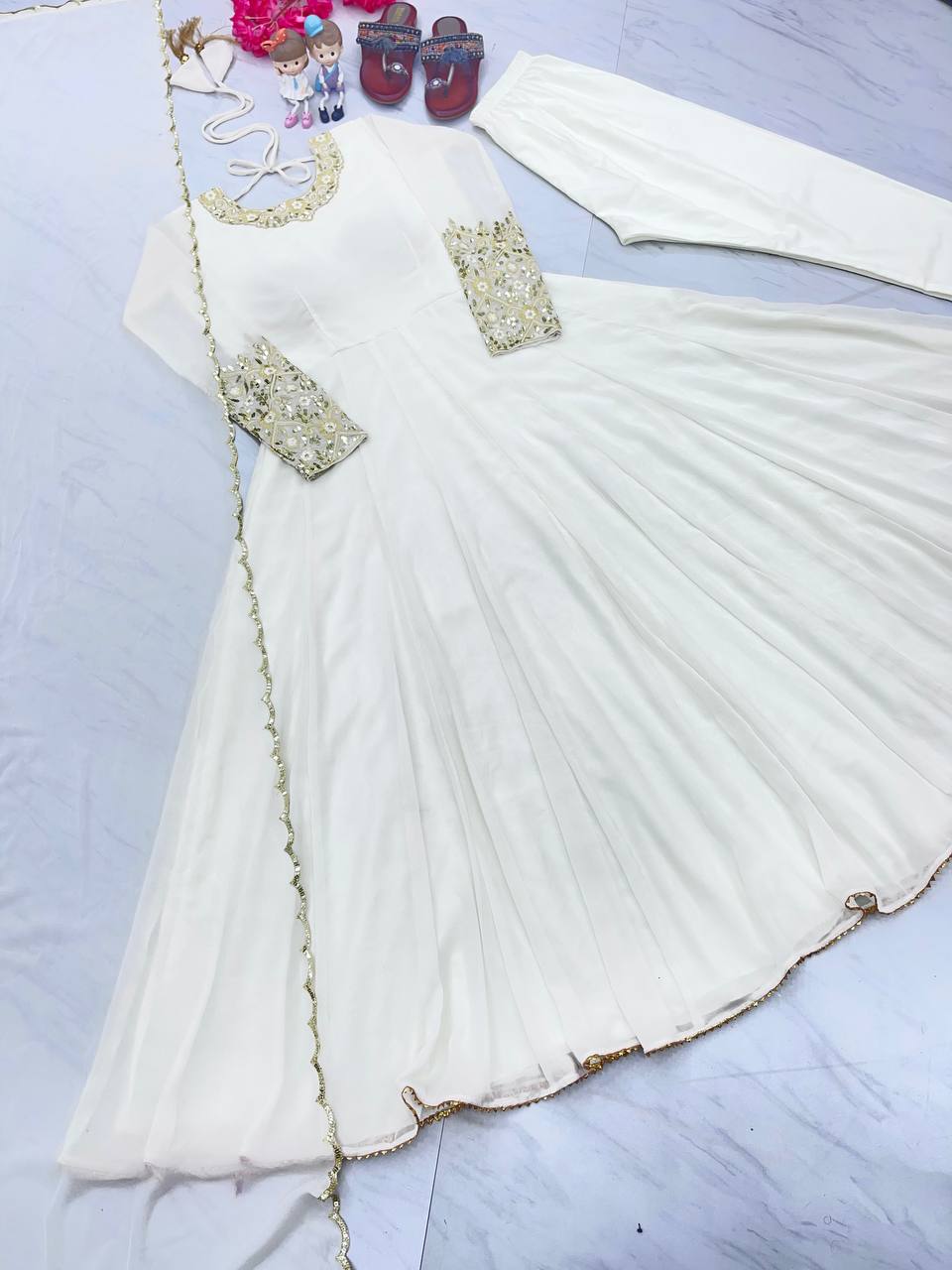 White Premium Designer Party Wear Anarkali Gown, Dupatta & Bottom Set