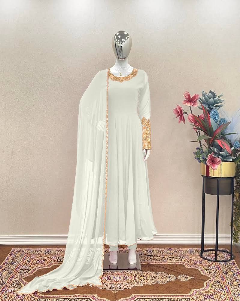 White Premium Designer Party Wear Anarkali Gown, Dupatta & Bottom Set
