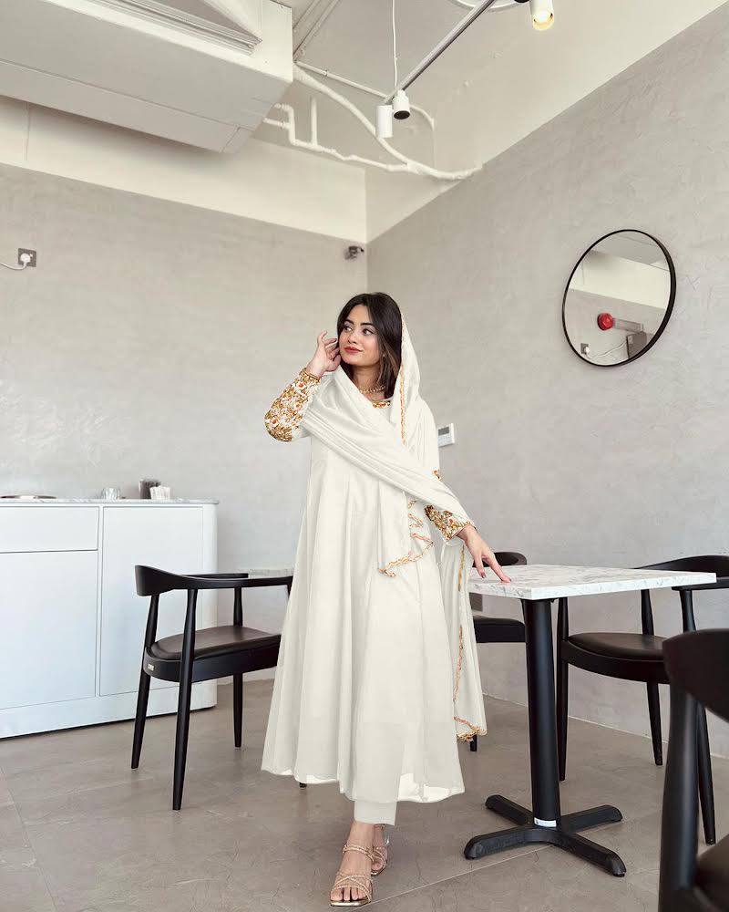 White Premium Designer Party Wear Anarkali Gown, Dupatta & Bottom Set