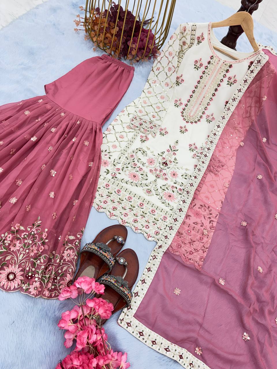 White Premium Designer Party Wear Georgette Top, With Pink Sarara & Dupatta Set