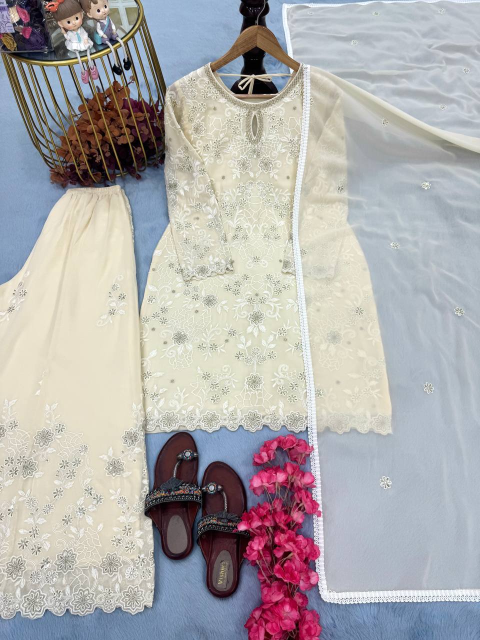 White Premium Designer Ready-Made Party Wear Top, Plazzo & Dupatta Set