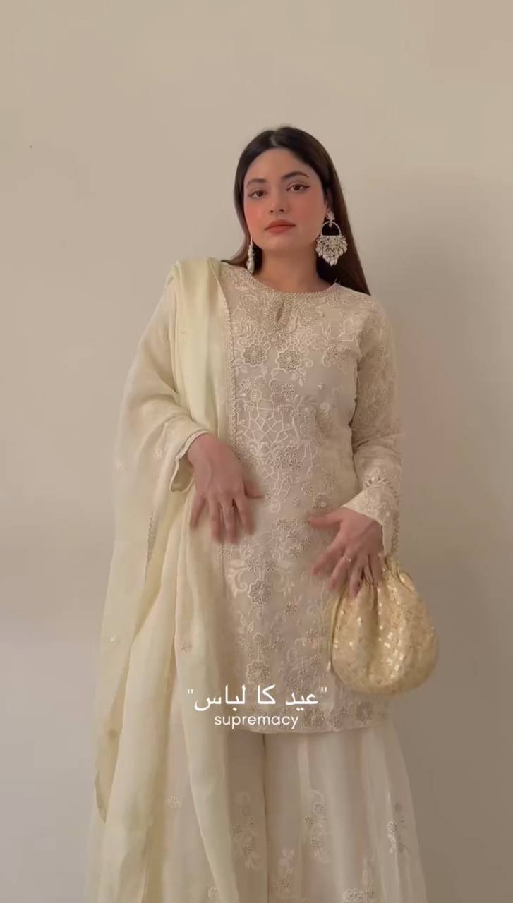 White Premium Designer Ready-Made Party Wear Top, Plazzo & Dupatta Set