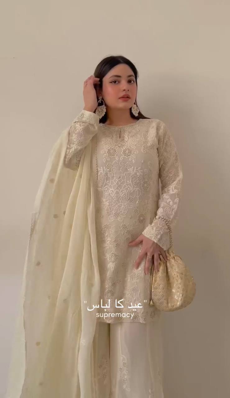 White Premium Designer Ready-Made Party Wear Top, Plazzo & Dupatta Set