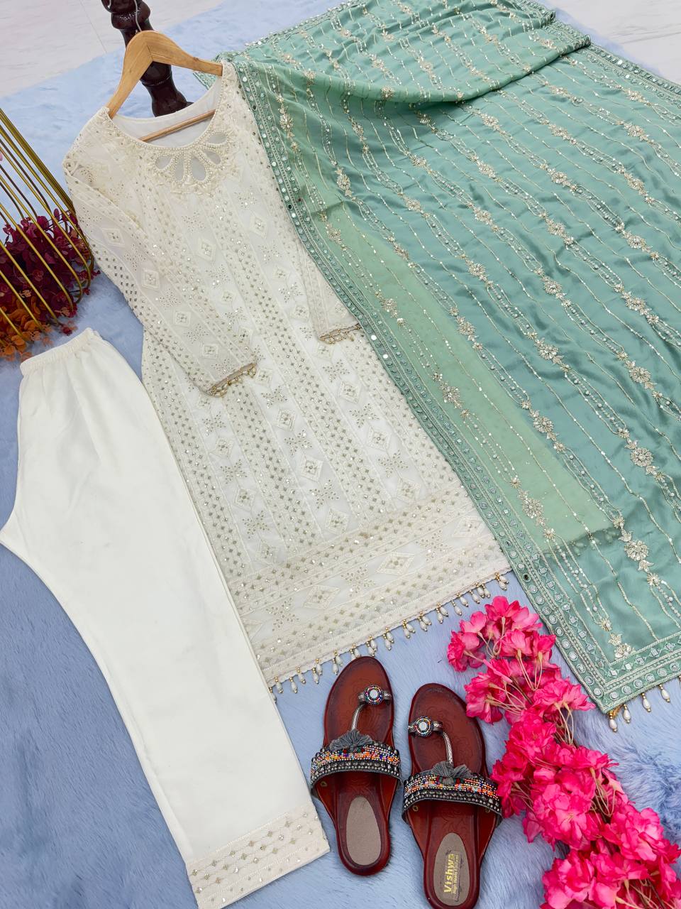 White Premium Designer Ready-to-Wear Top, Bottom, and Dupatta Set