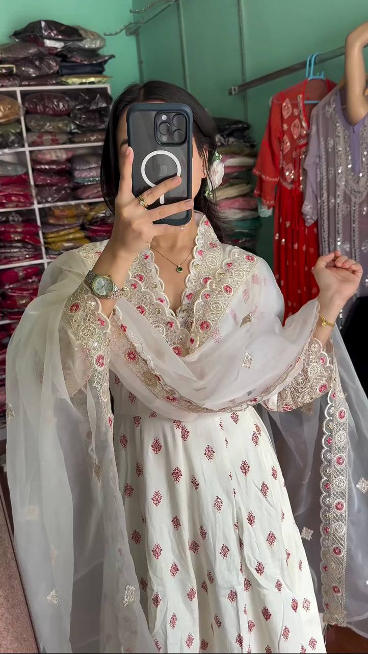 White Premium Designer Readymade Fancy Anarkali Gown with Dupatta