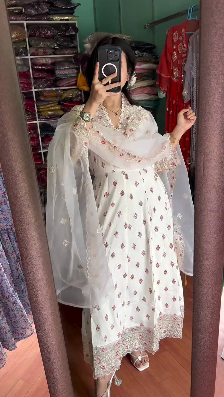 White Premium Designer Readymade Fancy Anarkali Gown with Dupatta