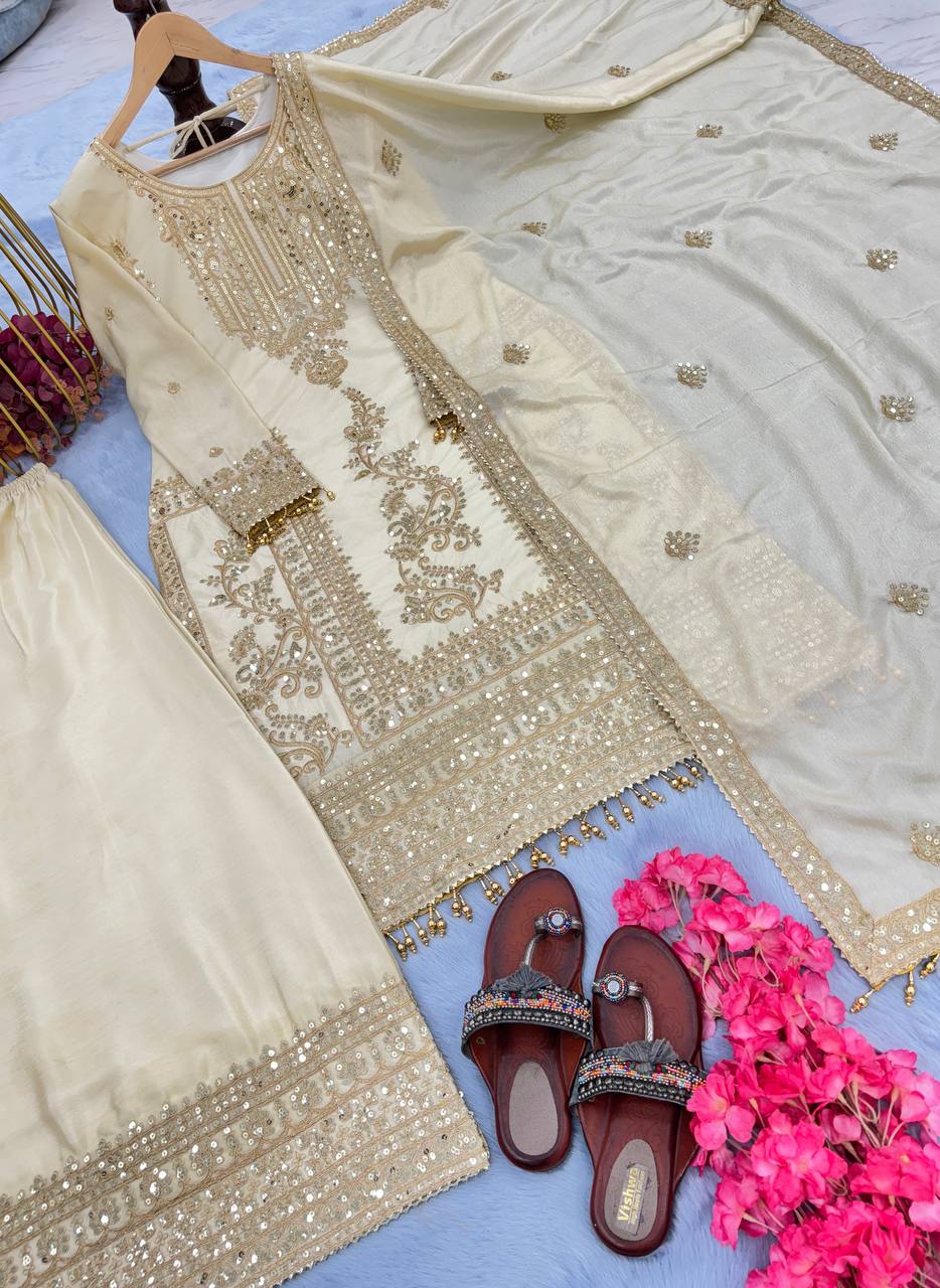 White Premium Designer Readymade Top, Palazzo & Dupatta Set –Party Wear