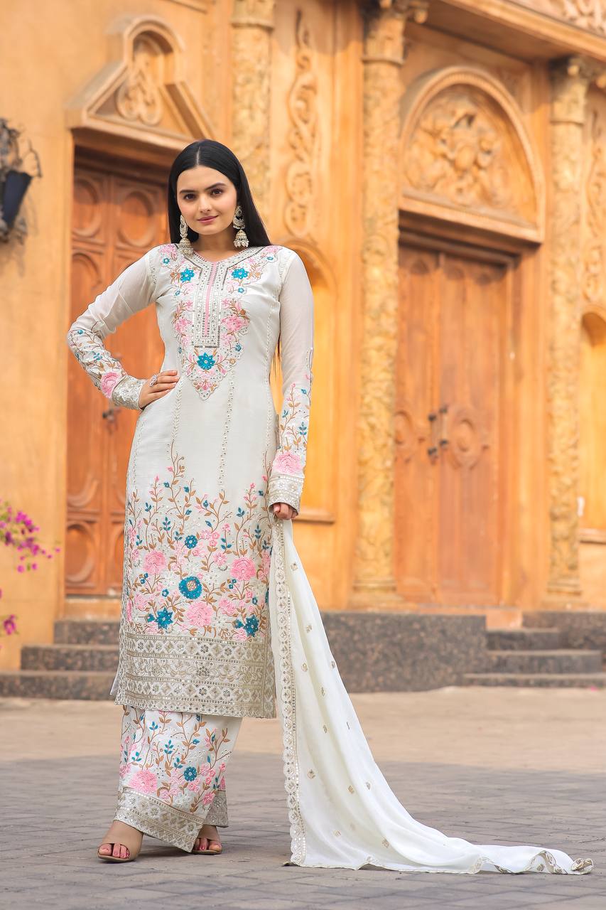 White Premium Designer Readymade Top Plazzo Set with Dupatta