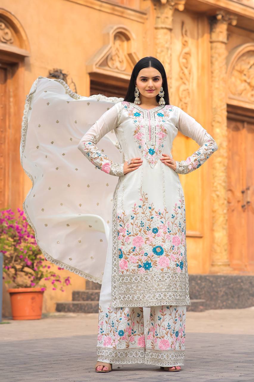 White Premium Designer Readymade Top Plazzo Set with Dupatta