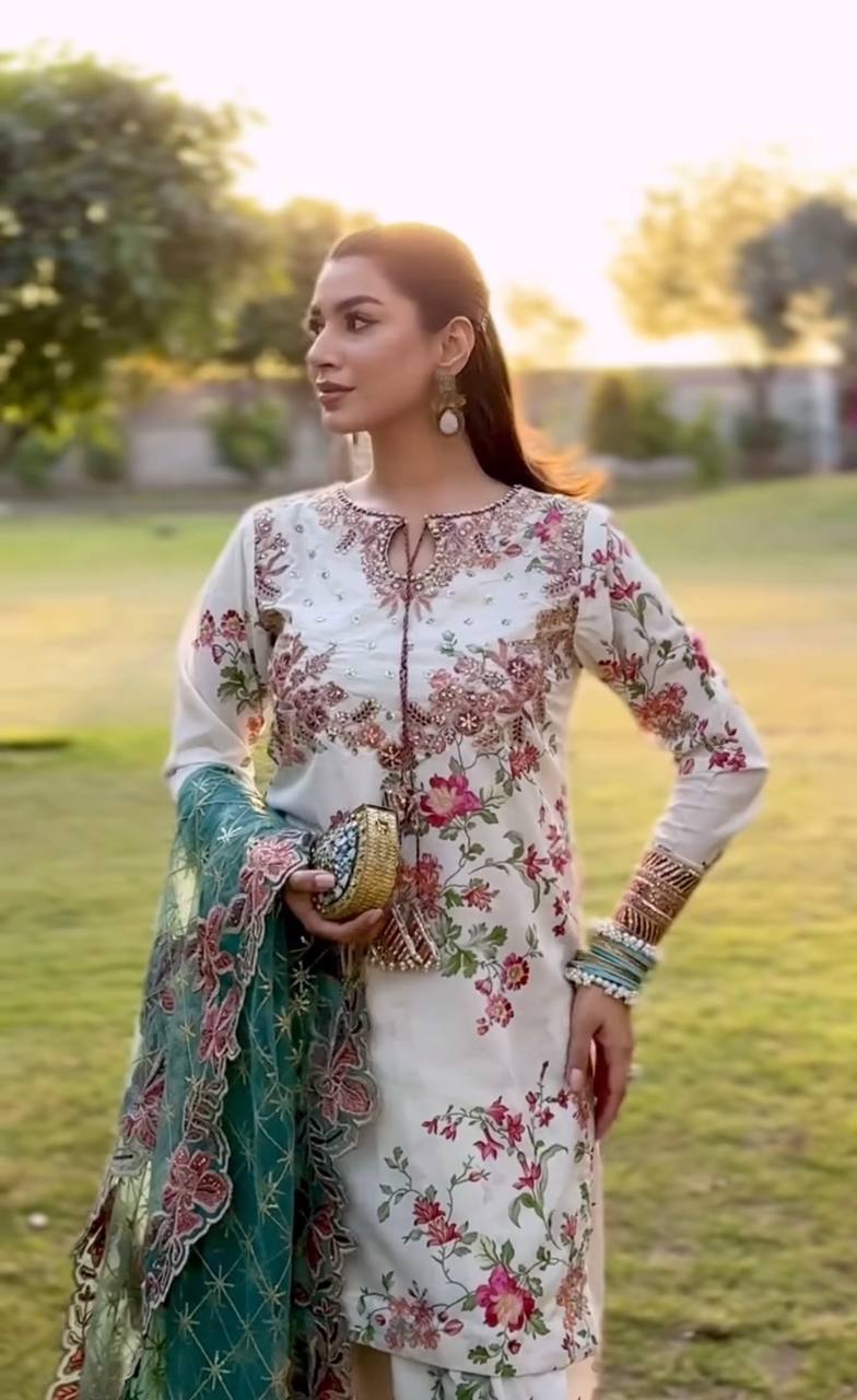 White Premium Modal Silk Embroidered Set Farshi Plazzo, Fancy Top & Net Dupatta Fully Stitched